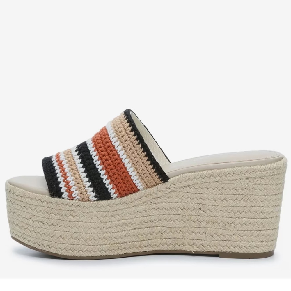 Marc Fisher Lannian Striped Rust Black Tan Platform Wedge Sandals 8 1/2